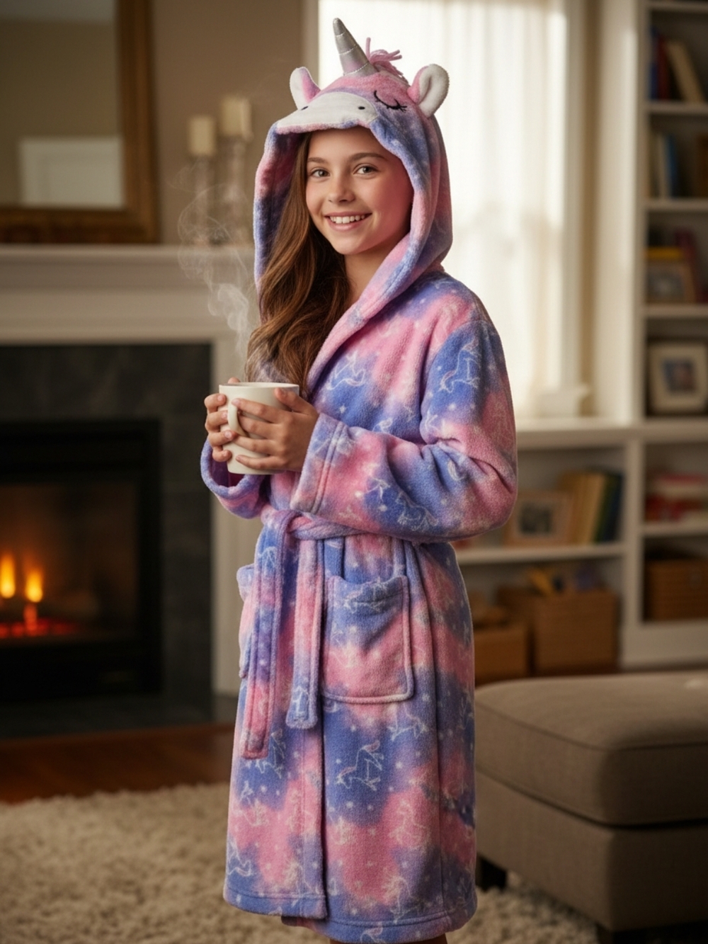 George Girls' Pink & Purple Unicorn Hooded Fleece Robe
